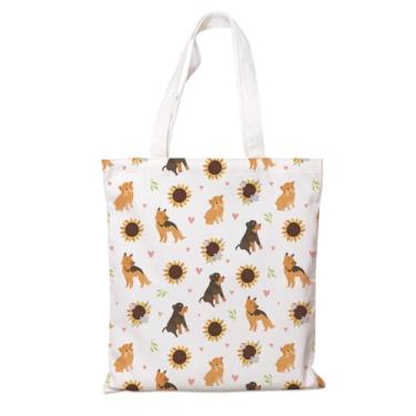 Imagem de Sacola de lona estética para mulheres, bolsa de mão de algodão com girassol para cães, linda e elegante para compras, viagens, viagens diárias, presente útil para amantes de cães, sacolas de compras