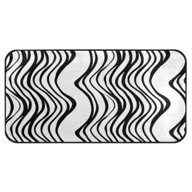 Imagem de STAYTOP Tapetes de cozinha ondulados preto e branco simples, 99 x 50 cm, antiderrapante, lavável, tapetes acolchoados, de poliéster, antifadiga, confortável, para varanda, tapete para decoração de