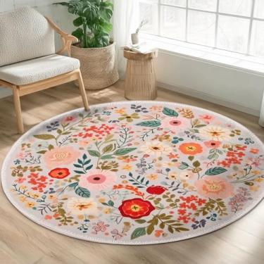 Imagem de Boho Tapete redondo floral 1,2 m, lavável à máquina, bege, vermelho, rosa, flor, verde, folha verde, tapete redondo antiderrapante, tapete para piso baixo, tapete para sala de estar, quarto, cozinha
