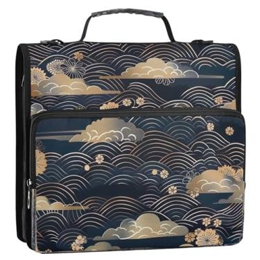 Imagem de Wassud Fichário azul escuro com zíper ondulado 3 anéis com alça de ombro e alça vários bolsos expansível organizador de pasta de arquivo