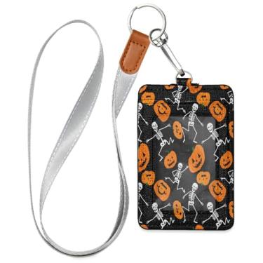 Imagem de Wassud Porta-crachá de couro PU Spooky Pumpkins and Skeletons com cordão, porta-cartão de identificação para trabalho, cordão de pescoço com compartimentos para cartões de crédito, funcionários