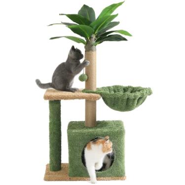 Imagem de MSmask Árvore de gato para gatos internos, torre de gato com palmeira artificial, poste de arranhar, condomínio quadrado, casa de brinquedo de gatinho com rede, bola fofa