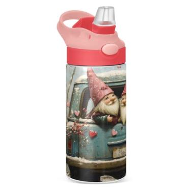 Imagem de Burbuja Garrafa de água infantil Valentine Gnomo no carro, sem BPA, isolada a vácuo, com tampa de canudo para meninos e meninas, à prova de vazamento, 340 g