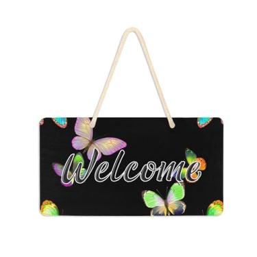 Imagem de Burbuja Placa de boas-vindas borboletas em preto para porta da frente, placa de boas-vindas de PVC para decoração de férias de casa de fazenda, 15 x 28 cm