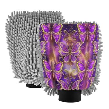 Imagem de STAYTOP Lindas luvas de lavagem de carro borboleta estilo mandala, 2 peças, luvas de microfibra de chenille, sem arranhões, panos de esponja de lavagem ultra absorventes para carros, limpeza doméstica