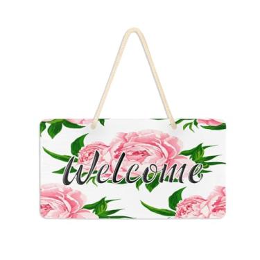 Imagem de Burbuja Placa de boas-vindas peônias rosa para porta da frente, placa de boas-vindas de PVC para decoração de férias de casa de fazenda, 15 x 28 cm