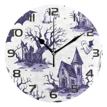 Imagem de YETTASBIN Relógio de parede de castelo de Halloween, silencioso, sem tique-taque, operado por bateria, relógio redondo decorativo criativo para cozinha, sala de estar, banheiro, decoração de