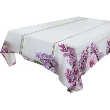 Imagem de Burbuja Toalha de mesa de madeira com rosas rosas lilás em madeira, toalha de mesa retangular antirrugas grossa para decoração de jantar, cozinha, festa, 152 x 228 cm