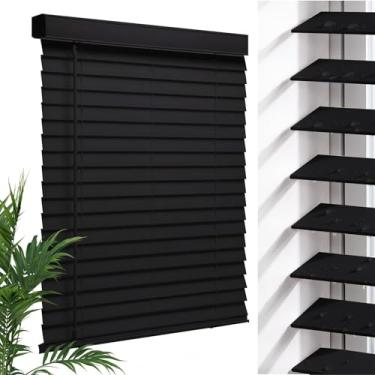 Imagem de Frsecvion Persiana sem fio de madeira sintética de 5 cm, mini veneziana horizontal de madeira para janelas internas, persianas e persianas, preta, 58 cm L × 182 cm A