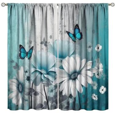 Imagem de Cortinas de tábuas rústicas, arte vintage abstrata azul gradiente borboleta decoração floral casa de fazenda padrão de tábua de madeira tratamentos de janela, cortinas blackout com bolso para varão