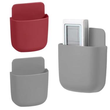 Imagem de 2 peças de caixa de armazenamento montada na parede, suporte de controle remoto, caixa de armazenamento de parede adesiva para telefones com controles remotos