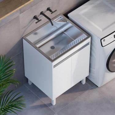 Imagem de Tanque de Lavar Roupa Inox 46 Litros com Gabinete MDF Branco 60cm Entr