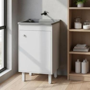Imagem de Tanque de Lavar Roupa Plástico 26 Litros Com Gabinete MDF Branco 46cm 