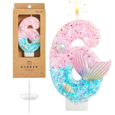 Imagem de PHD CAKE Velas de aniversário de sereia azul rosa número 6 de 6 cm, velas com número de sereia, velas com número de bolo, celebração de festa