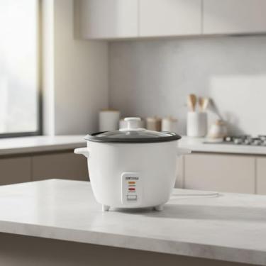 Imagem de Panela Elétrica de Arroz 1,3L 220V Branca, com Tampa de Vidro e Recipiente Interno Antiaderente