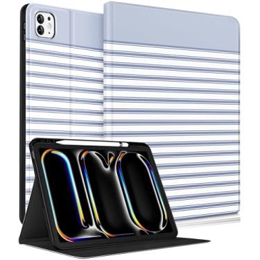 Imagem de Wazzasoft for iPad Pro 13 Inch Case M5 2025/M4 2024 - Women Girls Cute Smart Folio Cover (Auto Wake/Sleep) with Build-in Pencil Holder for Apple Tablet Soft TPU Protective Cover,Blue Stripes