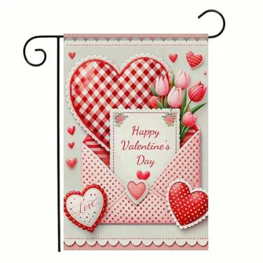 Imagem de Blissyard Feliz Dia dos Namorados Bandeira de jardim 30,5 x 45,7 cm dupla face para fora xadrez vermelho amor tulipa corações envelope memorial dia feriado decoração de quintal pequenas bandeiras