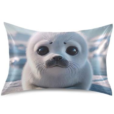 Imagem de Capas de almofada de cetim com estampa animal de selo fofo capas de travesseiro padrão queen king almofadas de cama macias básicas, tamanho padrão, 66 cm x 50 cm