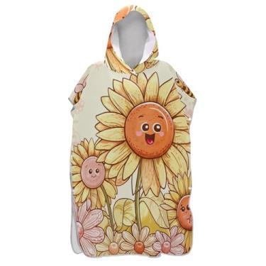 Imagem de TSENQUE Lindo poncho de surf floral de girassóis de desenho animado para adultos roupão reutilizável feminino com capuz toalha de banho com capuz de praia