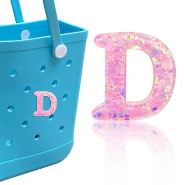 Imagem de HLUWA Berloques de letras para bolsa Bogg, alfabeto itálico rosa lantejoulas acessórios para Bogg e Simply Southern Bag, pingente de letras decorativas para bolsa de praia. (D)