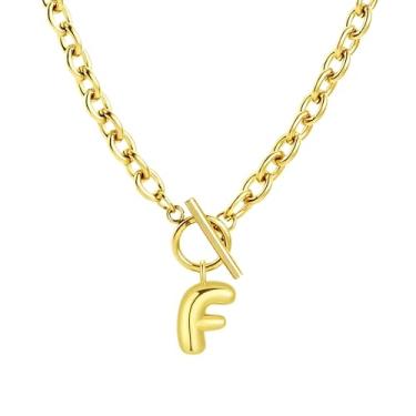 Imagem de Fiiuos Colar com inicial para mulheres, banhado a ouro 18 K, delicada, com pingente de letra bolha personalizada, corrente de elos grossos de clipe de papel com fecho de botão minimalista, joias de