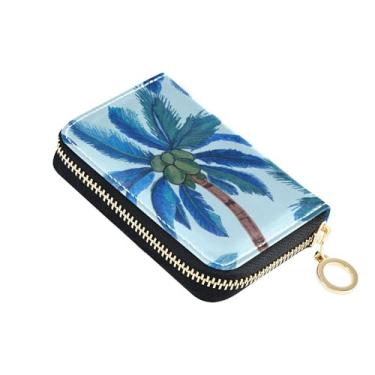 Imagem de Carteira pequena feminina com bloqueio de RFID, linda bolsa de couro para troca de moedas, com zíper, palmeiras tropicais, azul