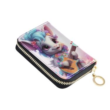 Imagem de Carteira feminina de couro com porta-cartões com bloqueio de RFID, zíper ao redor de moedas, bolsa com zíper, unicórnio fofo, guitarrista, rock