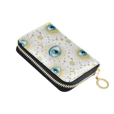 Imagem de Carteira feminina mística, olhos azuis, estrelas, branca, com protetor de cartão de crédito, bloqueio de RFID, minimalista, carteira de viagem com zíper
