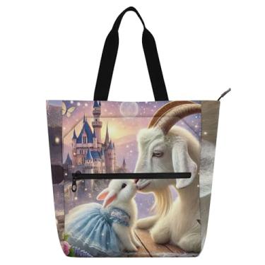 Imagem de GAIGEO Bolsa de trabalho feminina com estampa de coelho de cabra beijo de animal bolsa de lona universitária bolsa carteiro com compartimentos