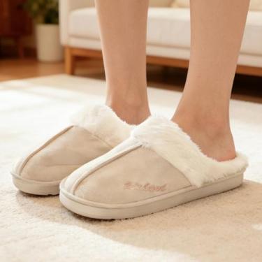 Imagem de Pantufas de pelúcia quentes para mulheres e homens, para uso interno macio, sem cadarço, com forro de lã aconchegante, sola antiderrapante, sapatos para casa, Bege, 8.5-9.5