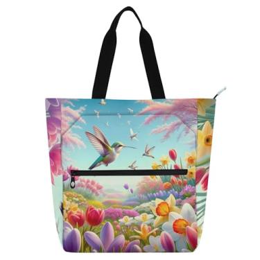 Imagem de Bolsa feminina de jardim com beija-flor primavera para trabalho, escola, bolsa para livros, bolsas fofas para crianças, presentes para amantes de livros