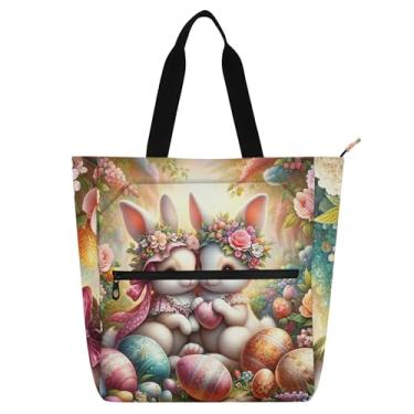 Imagem de GAIGEO Bolsa tiracolo romântica de coelhinhos florais de Páscoa para mulheres e crianças, livro escolar, trabalho com zíper, bolsa utilitária reutilizável