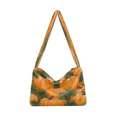 Imagem de Bolsa de ombro feminina outono abóboras com folhas, bolsa de livro para mulheres, bolsa feminina para uso ao ar livre, Abóboras de outono com folhas-9, One Size