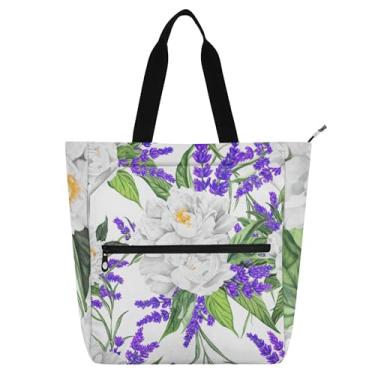 Imagem de Bolsa feminina lavanda roxa com peônias brancas, bolsa de trabalho, lona, faculdade, escola, bolsas para uso diário, presente para amantes de livros