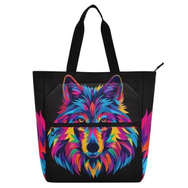 Imagem de GAIGEO Bolsa de ombro colorida com cabeça de lobo para mulheres, crianças, adolescentes com zíper, para amantes de livros, escola, trabalho, bolsa de ombro