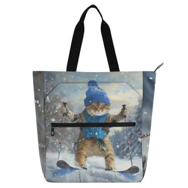 Imagem de GAIGEO Bolsas de trabalho femininas engraçadas para esqui de gato, bolsa escolar universitária, bolsa de professores com compartimentos