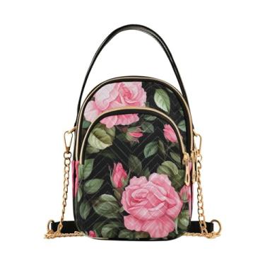 Imagem de GAIGEO Bolsa tiracolo feminina rosa laranja e flor amarela, bolsa transversal com alça, bolsa tiracolo de ombro para mulheres, Aquarela rosa rosas e folhas - 2, One Size