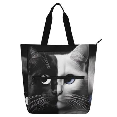 Imagem de Sacola feminina preta e branca para trabalho com rosto de gato e praia, bolsa para livros com zíper para uso diário, presentes para amantes de livros