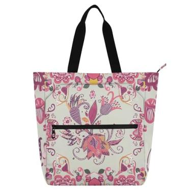 Imagem de Bolsa feminina floral Batik Boho rosa para livros, trabalho, escola, zíper, bolsa reutilizável de lona