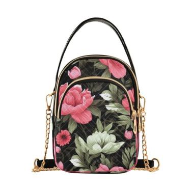 Imagem de GAIGEO Bolsa tiracolo feminina rosa laranja e flor amarela, bolsa transversal com alça, bolsa tiracolo de ombro para mulheres, Flores rosa e verdes em preto-1, One Size