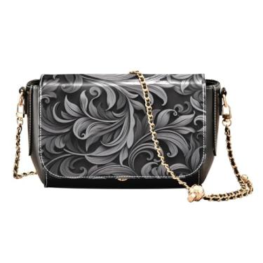 Imagem de GAIGEO Bolsa tiracolo feminina preta e marrom floral decorativa com alça de corrente dourada, Floral preto e branco com folhas e redemoinhos - 3, One Size