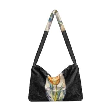 Imagem de Bolsa de pelúcia de aquarela de flores premium, bolsas femininas, bolsas de ombro para mulheres, Uma flor de tulipa em aquarela amarela, One Size