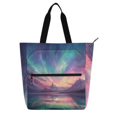 Imagem de GAIGEO Aurora Sky Lake Bolsa de trabalho feminina bolsa de trabalho de lona escolar bolsa utilitária bolsa de escritório para amantes de livros