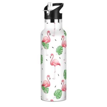 Imagem de Garrafa de água de aço inoxidável para adolescentes, flamingos rosa, folhas verdes, branco, 590 ml, parede dupla, vácuo, livre de BPA, copos de viagem isolados para crianças com tampa de canudo