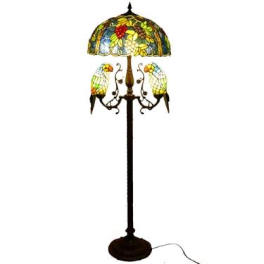 Imagem de Luminária de chão vintage com papagaios, vitral, luminária de canto, 45,7 x 45,7 x 165 cm, estilo Tiffany, para decoração de quarto, cabeceira, com rosas, uvas, libélulas e flores, luz de le