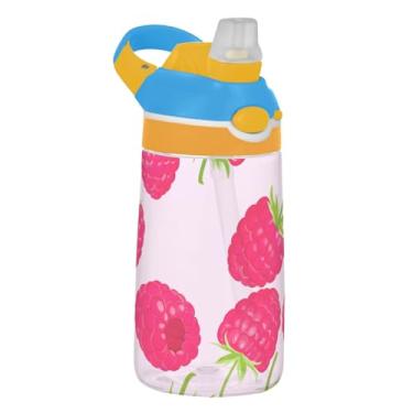 Imagem de Garrafa de água esportiva infantil vibrante de framboesas rosa para escola, garrafa de água Tritan de 473 ml com canudo, copo infantil portátil reutilizável, alça de transporte