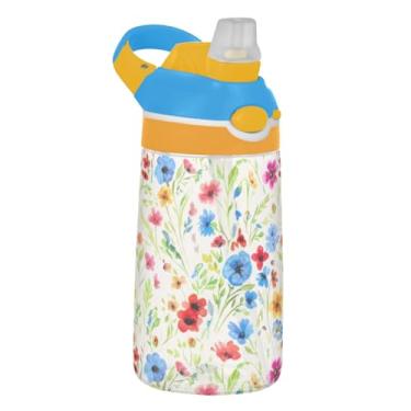 Imagem de Garrafa de água esportiva infantil aquarela de flores silvestres pastel para escola, 473 ml, 473 ml, garrafa de água Tritan com canudo, copo infantil portátil à prova de vazamento, alça de transporte
