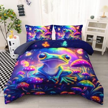 Imagem de AILONEN Jogo de cama solteiro com estampa de sapo fofo de desenho animado - 3 peças de cogumelo roxo para decoração de quarto de crianças, meninos e meninas, borboleta estrelada com 2 fronhas