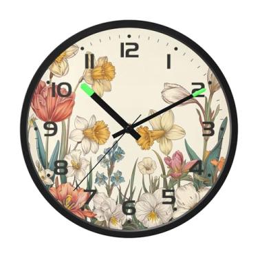 Imagem de SEHANY Herb Wildflower Relógio de parede silencioso sem tique-taque relógio redondo operado por bateria 30 cm controle de som luz noturna relógios de parede para sala de estar, cozinha, quarto