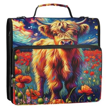 Imagem de Organizador de fichário com zíper, flores de papoula, vaca Highland, 3 anéis, anel D de 3 cm, bolsa profissional para fichário do ensino médio com alça, vários bolsos, pasta grande para portfólio